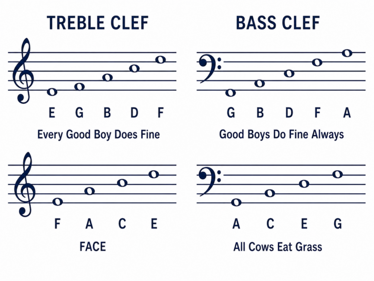 Side-by-side recap of treble clef and bass clef line and space notes with all four mnemonics