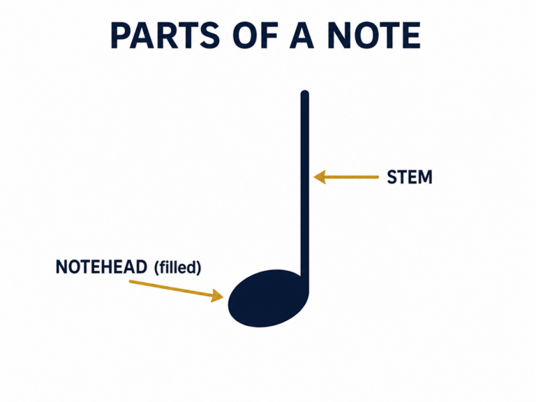 Diagram labeling the parts of a music note: notehead stem and flag