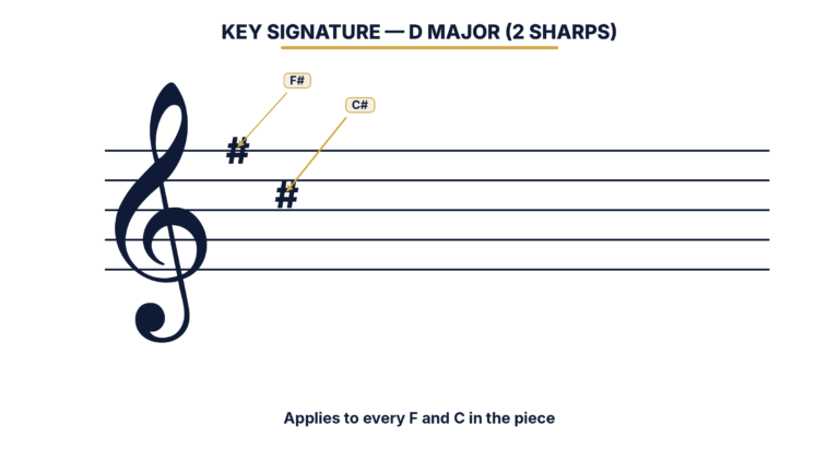 D major key signature drawn on the staff showing two sharps on the F and C lines