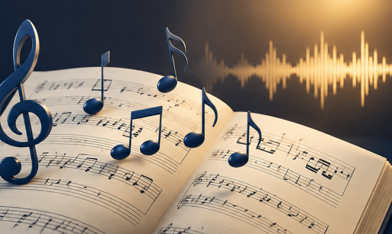 Open sheet music book with 3D treble clef floating notes and an audio waveform