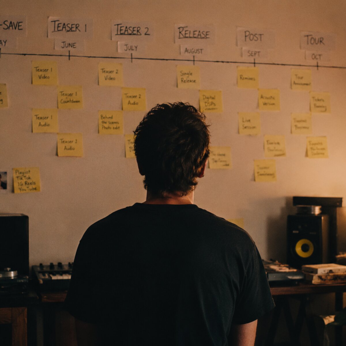 Musician drawing a 30-day Instagram content calendar in a notebook