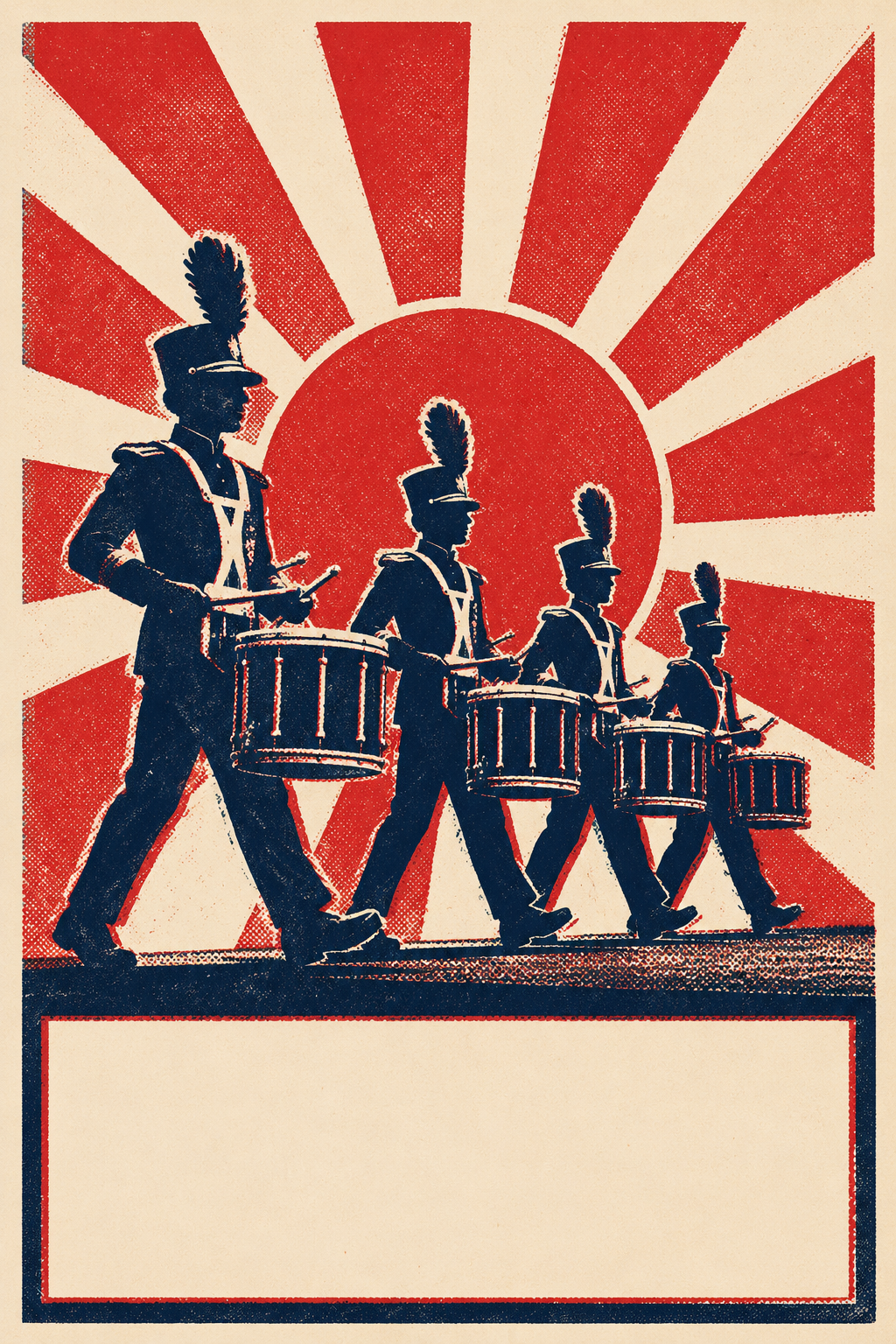 Two-color screen-print poster art in red and navy on cream paper, showing a stylized silhouette of drum line marchers in tall shakos against a sunburst, in the style of a vintage Hatch Show Print gig poster