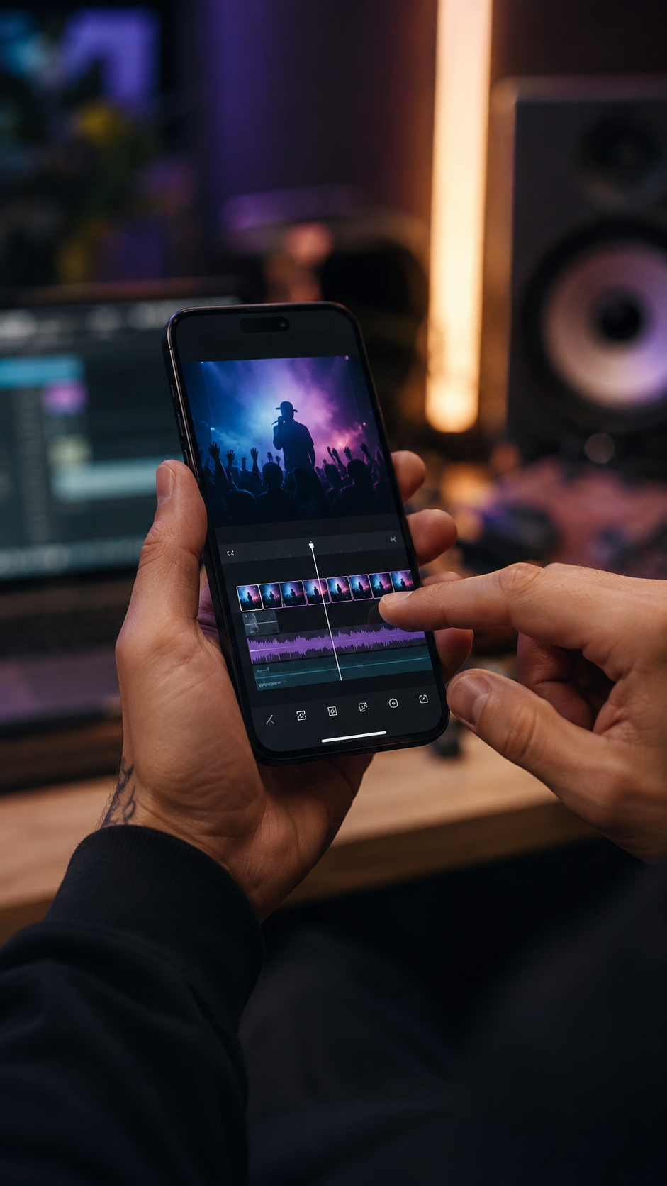 Hands editing a vertical concert video on a smartphone in a music production studio.
