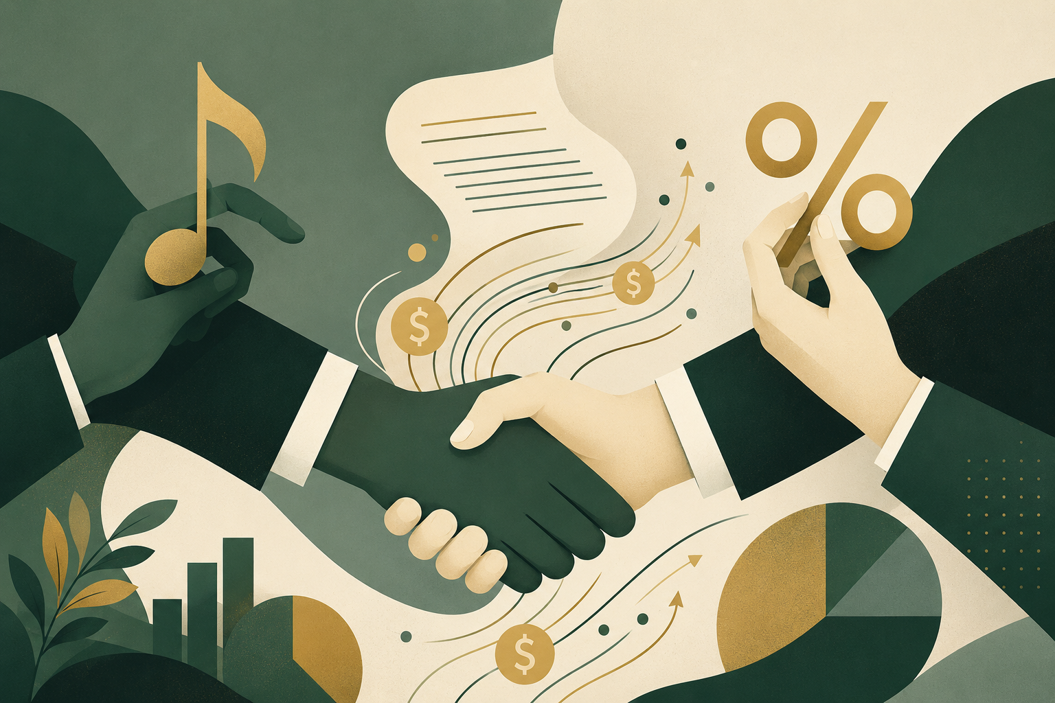 Music brand partnership licensing and ROI handshake illustration