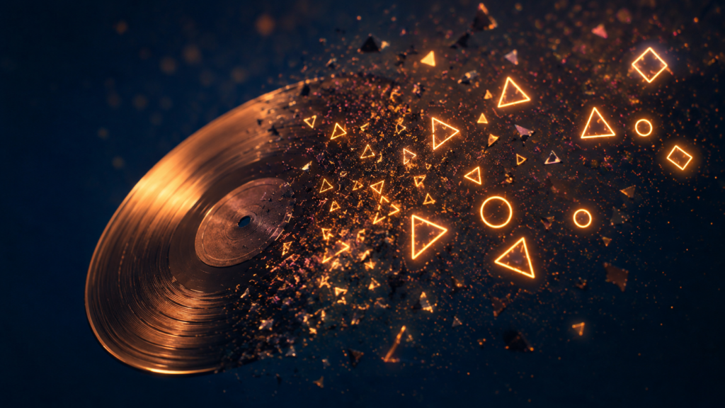 Music and brand partnerships hero — vinyl record dissolving into neon brand shapes