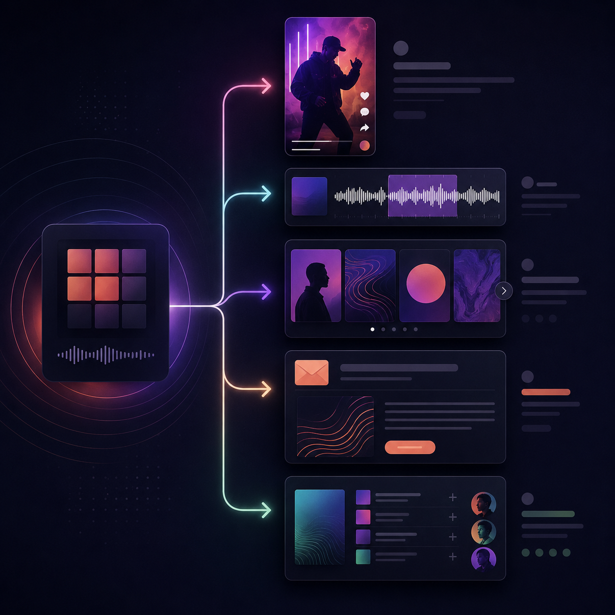 Visual workflow showing how one piece of music content can be repurposed across social posts, clips, email, and community channels.