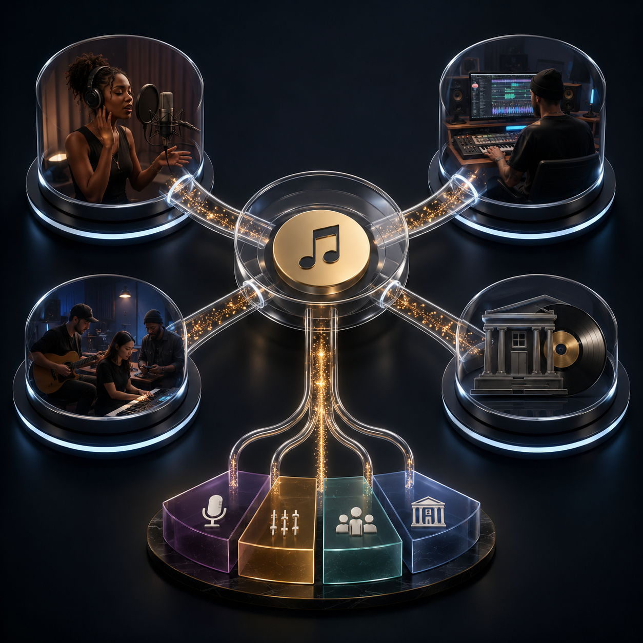 Interface displaying music assets, waveform records, fingerprint verification, and a blockchain registry for intellectual property.