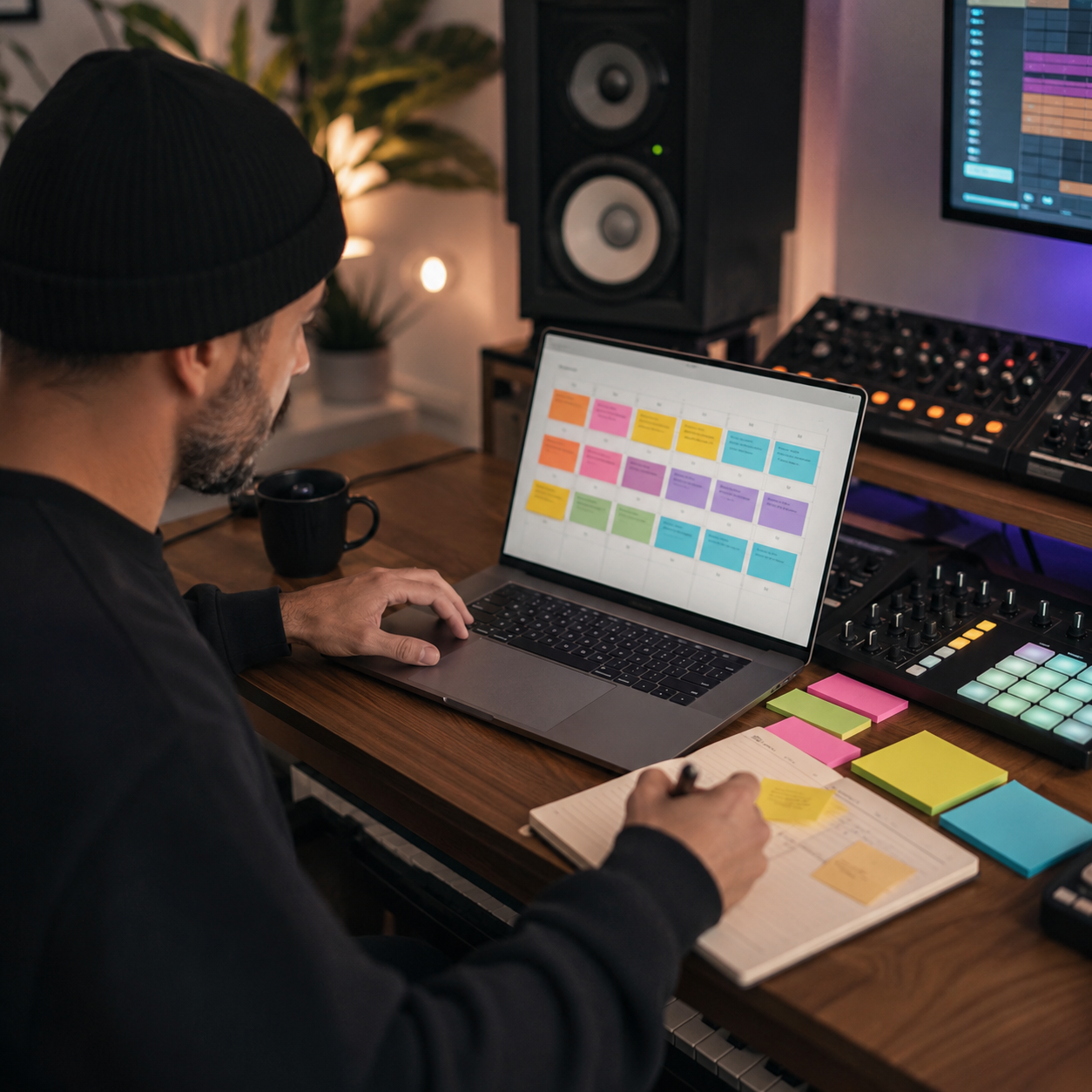 Music producer planning a social content calendar on a laptop with sticky notes and studio equipment nearby.