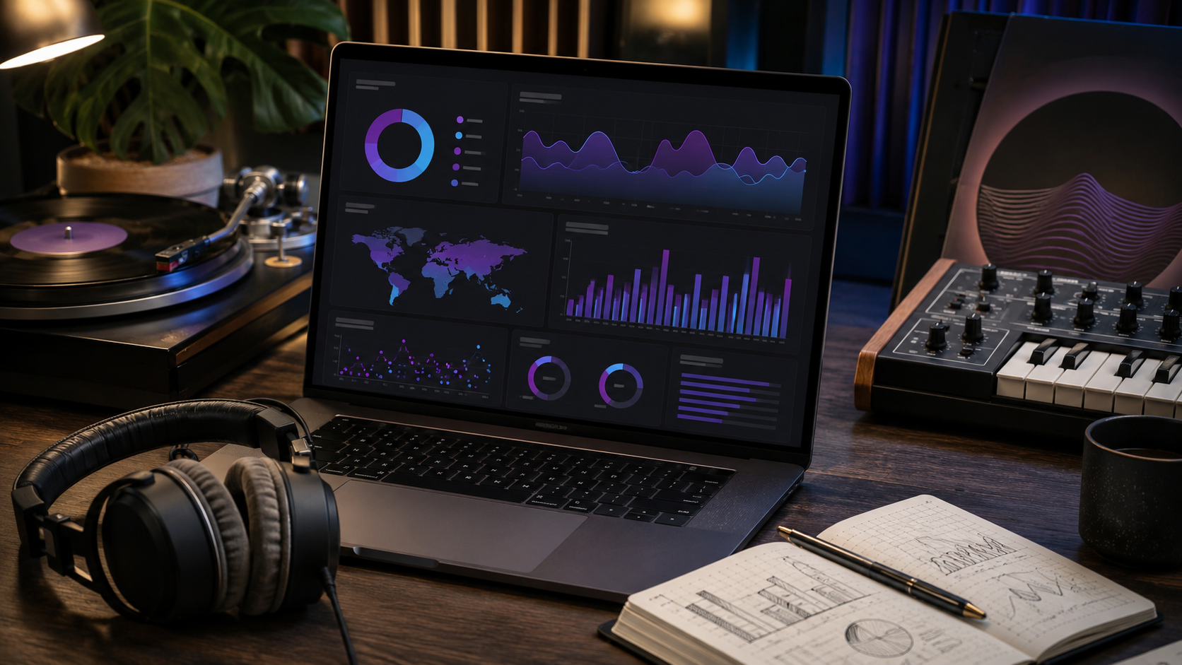 Laptop showing audience and engagement dashboards next to headphones, a turntable, and synth gear.