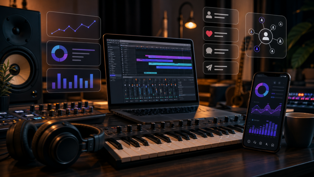 Laptop and phone showing social media analytics beside music production gear in a studio.