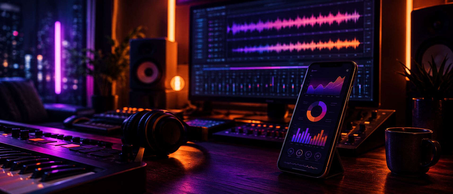 Smartphone displaying social media analytics in a neon-lit music production studio.