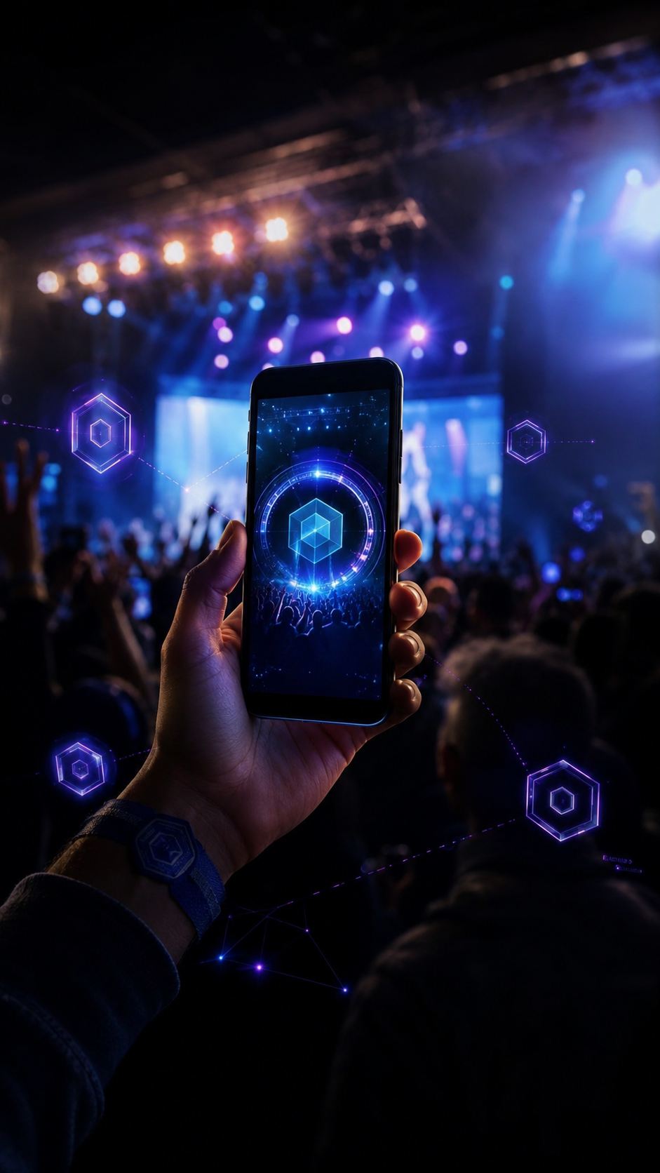 Music business team in a meeting room discussing blockchain strategy with network and data overlays above the table.