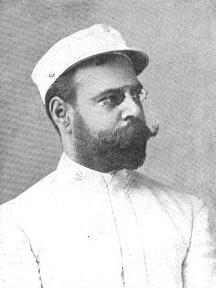 Engraved portrait of John Philip Sousa from Godey's Magazine, late 19th century, showing Sousa in a formal jacket with prominent mustache and dark hair