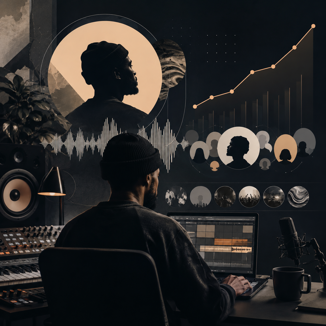 Producer in a studio with audience growth charts, waveform graphics, and community profile icons layered behind the workstation.