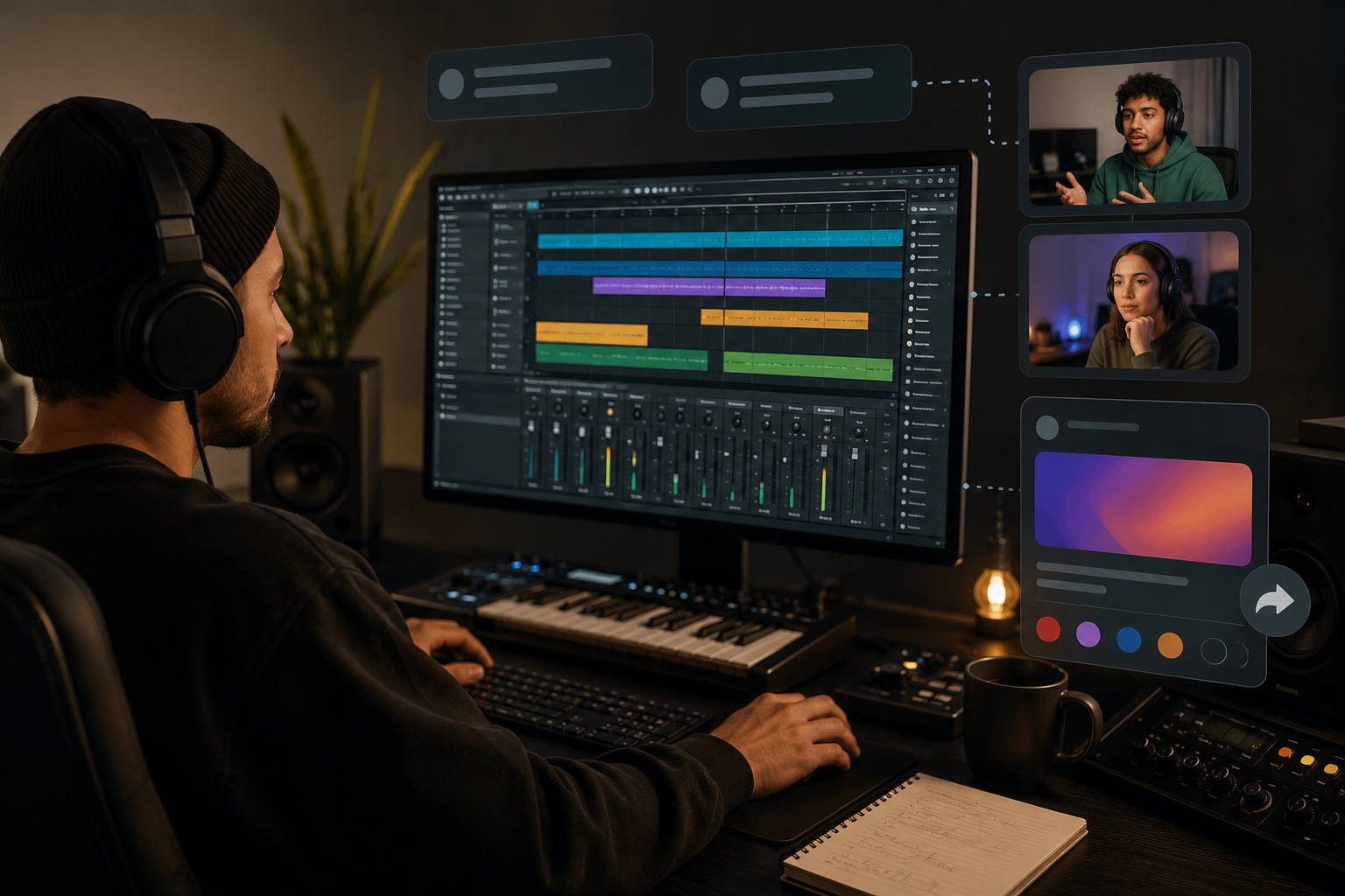 Producer working at a DAW with mock social posts and collaborator panels shown on screen.