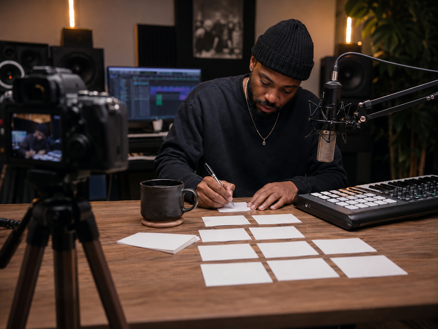 Music producer writing a social content plan at a studio desk with camera, microphone, and drum pads nearby.