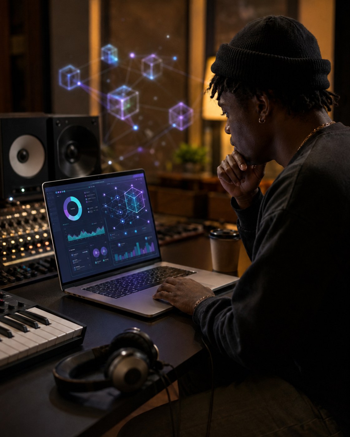 Studio interface showing smart contract, rights verification, and revenue tracking elements for music assets.