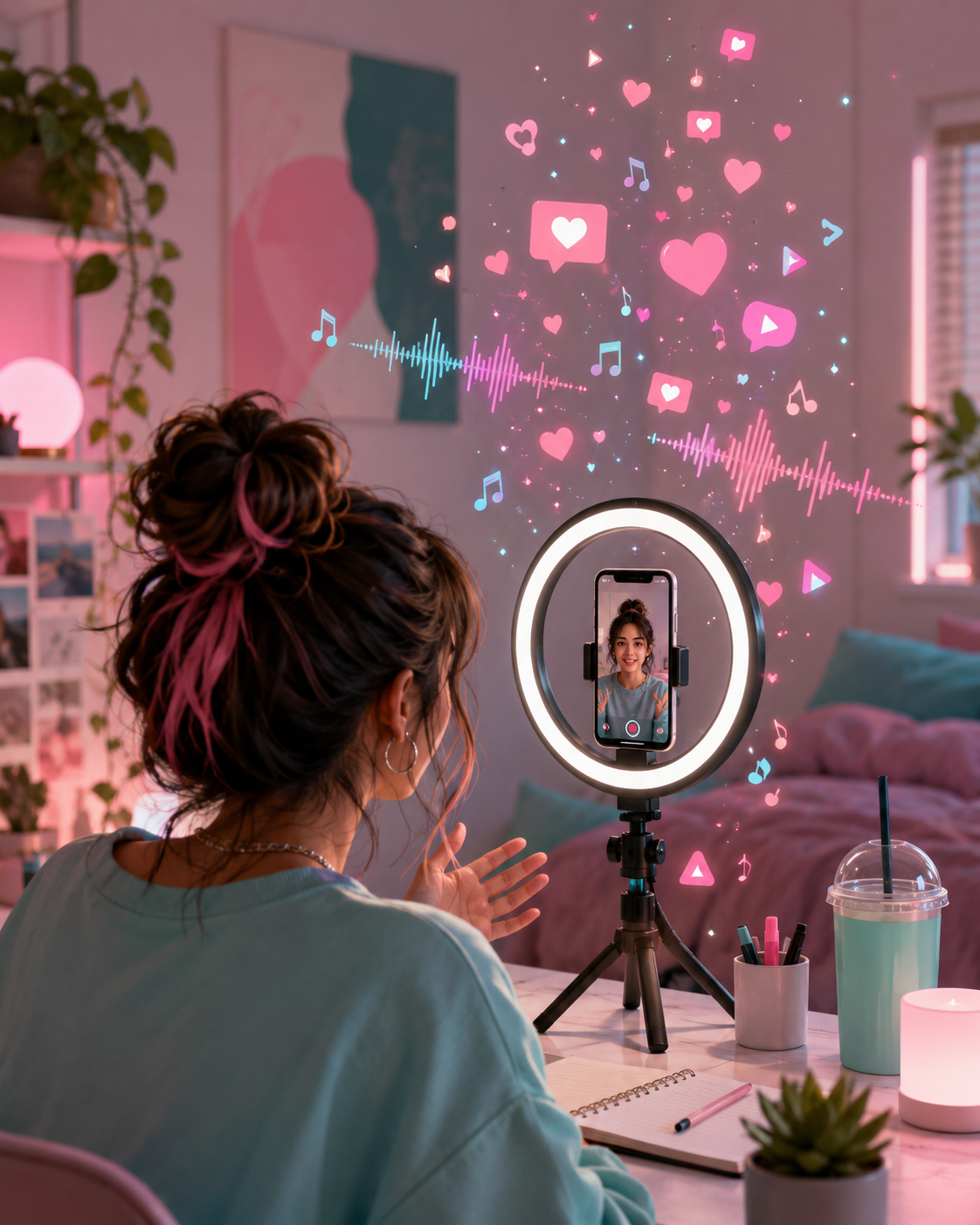 Social media music influencer campaign creator with ring light