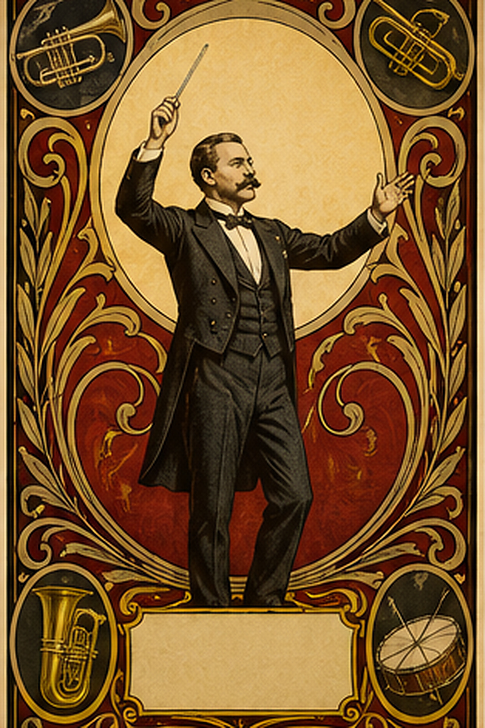 Belle Époque Art Nouveau-style vintage concert poster c. 1900, with ornate flowing typography in gold crimson and ivory, a central full-figure illustration of a bandmaster in formal black tailcoat conducting with a baton inside an oval medallion, four small brass-instrument vignettes in the corners, slight aged paper texture