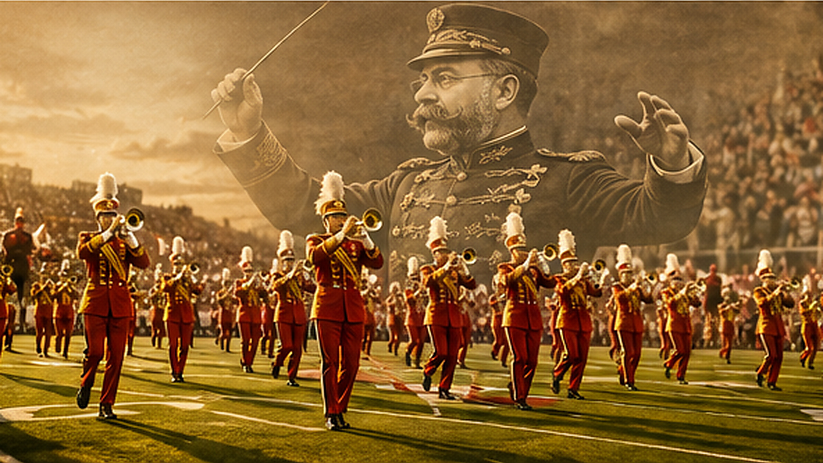 Cinematic double-exposure scene of a modern college marching band in red-and-gold uniforms playing brass instruments on a sunlit football field, with a translucent sepia-toned image of John Philip Sousa conducting with a baton overlaid in the sky above them