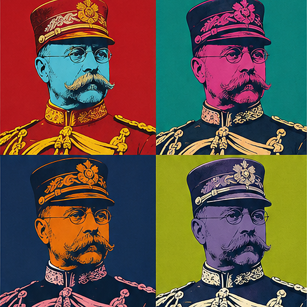 Four-panel pop-art portrait grid in the Andy Warhol style of a Victorian-era bandmaster in military dress uniform with mustache and round wire-rim glasses, each panel using a different bold color palette: red and blue, teal and pink, orange and pink, purple and chartreuse
