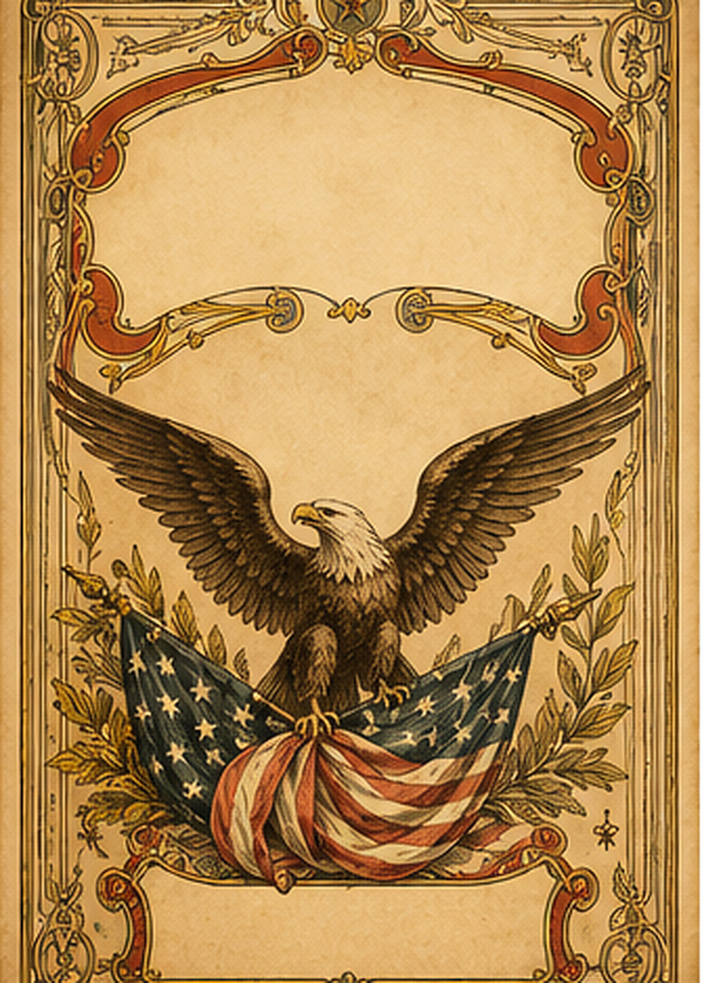 Vintage 1896-style sheet music cover with sepia and gold tones, featuring an ornate Victorian frame, a central bald eagle with spread wings clutching an American flag, surrounded by laurel and aged paper texture