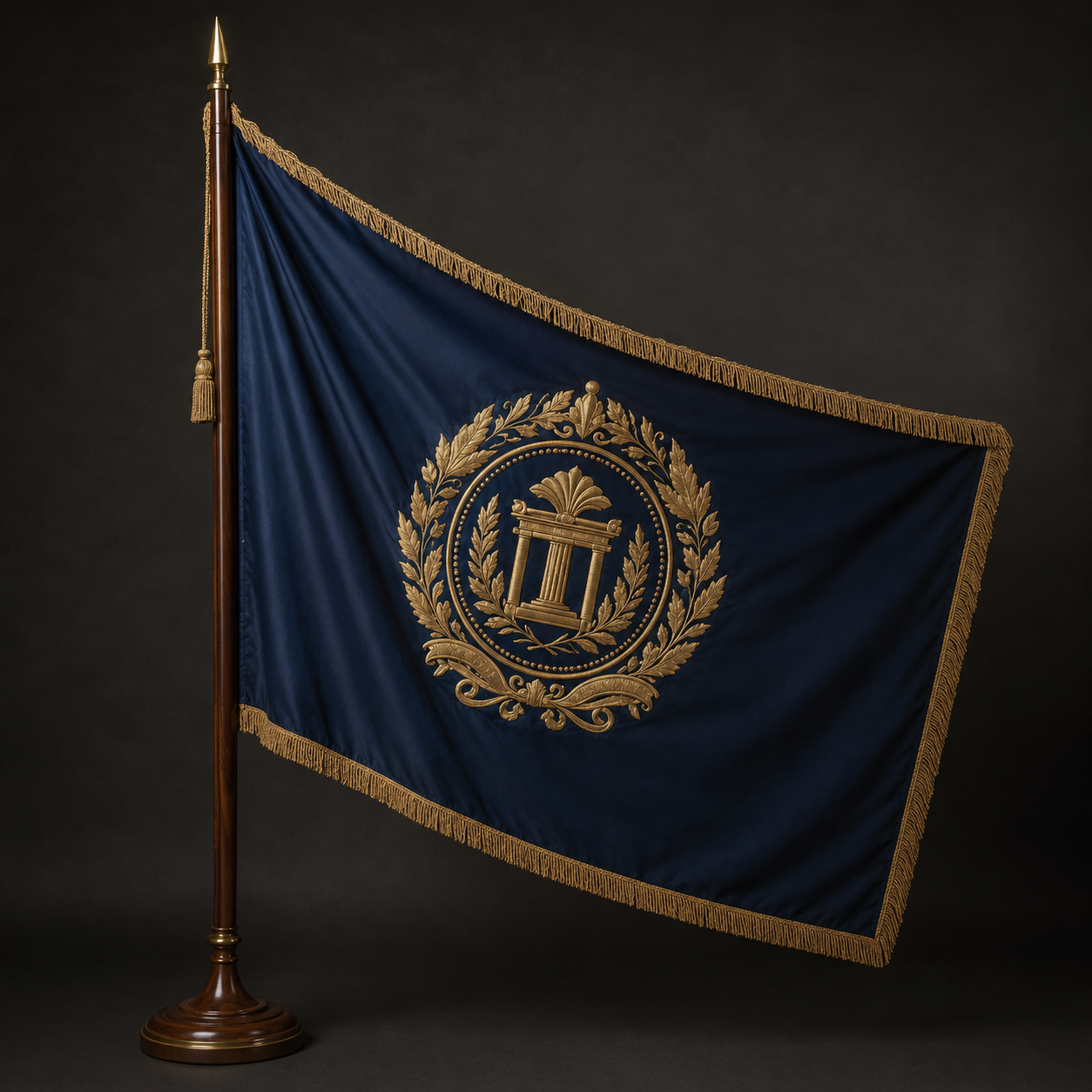 Large ceremonial flag with a deep navy-blue field, gold embroidered Sousa Foundation seal in the center, and gold tassel border, draped from a polished wooden flagstaff against a charcoal background