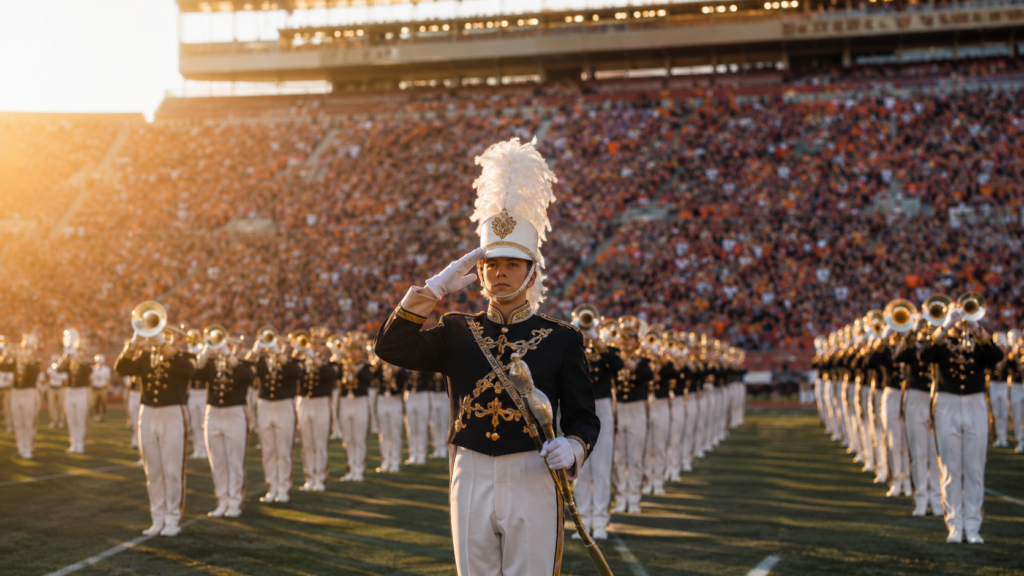 College drum major in white plumed shako saluting at golden hour with the full marching band in formation behind him on a stadium field