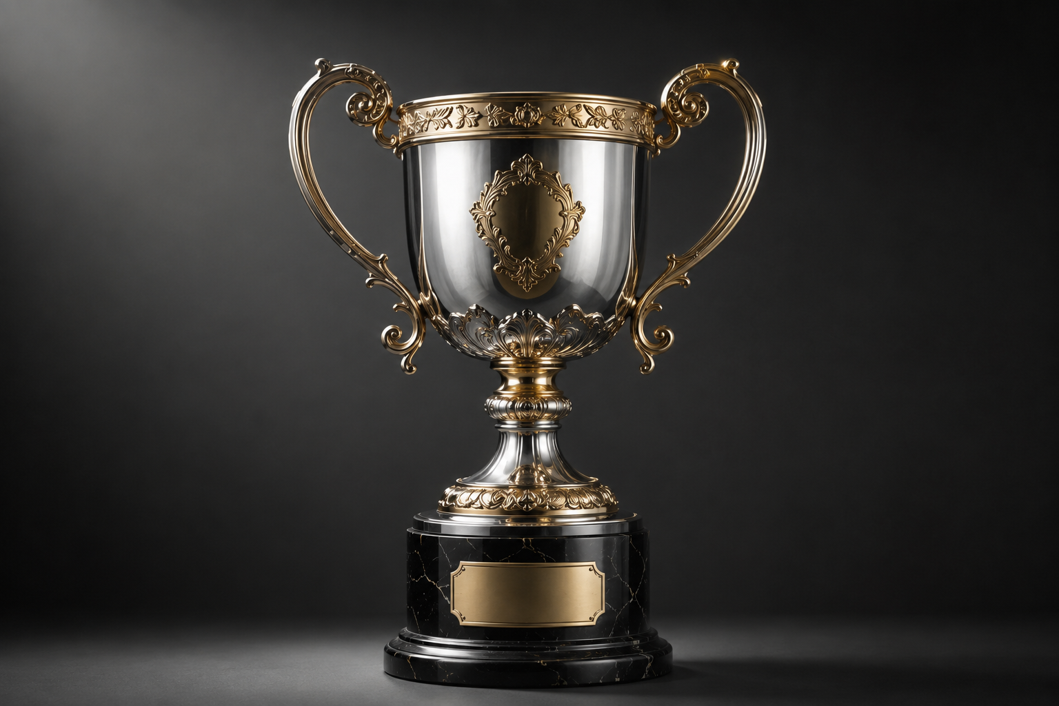 Tall ornate silver-and-gold loving-cup trophy with twin curved handles, engraved nameplate, and polished black marble base, lit by soft museum lighting on a dark gradient background