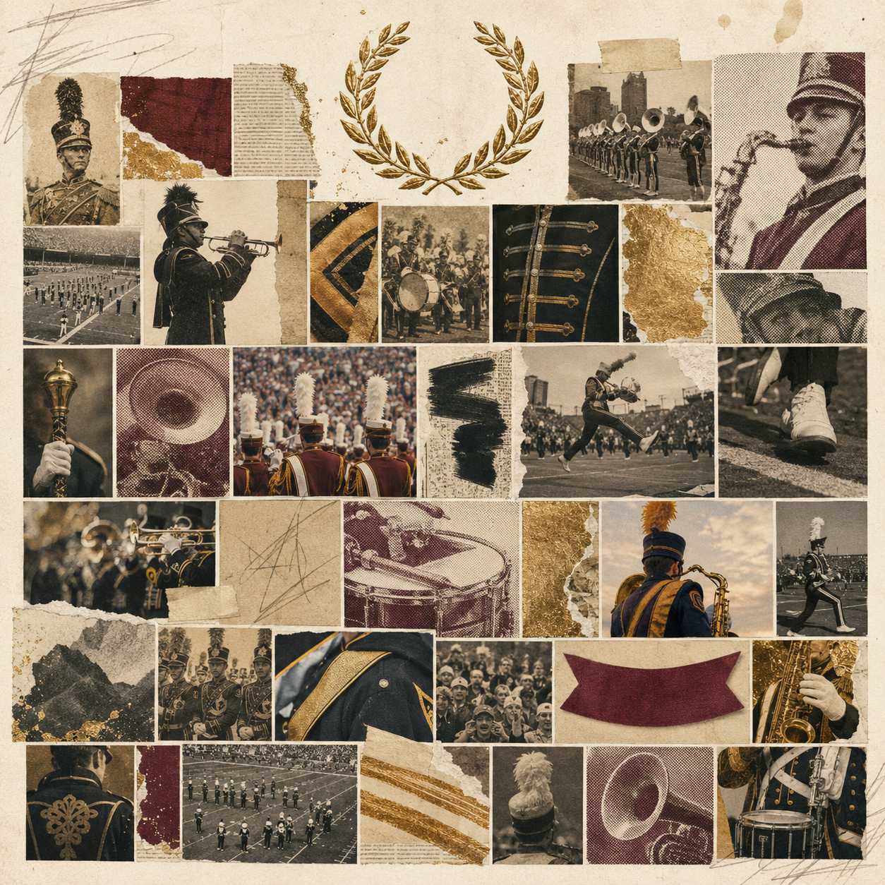 Editorial mixed-media collage of vintage and modern marching band imagery — uniformed musicians, brass instruments, halftime crowds, ribbon banners, and a central gold laurel wreath, arranged on cream textured paper