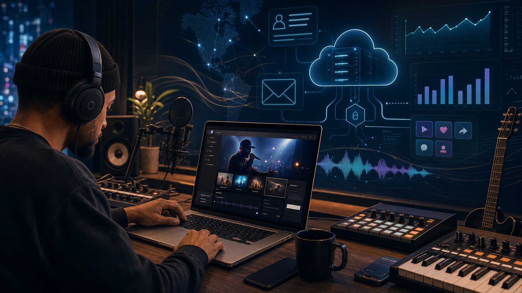 Music producer building a promotional website on a laptop with hosting, analytics, email marketing, and audience growth visuals around the studio.